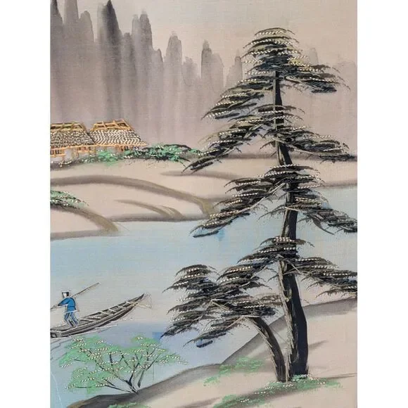 Vintage Pair of Japanese‎ Silk Paintings Embroidered Crewel Asian Mount Fuji MCM Mixed Media